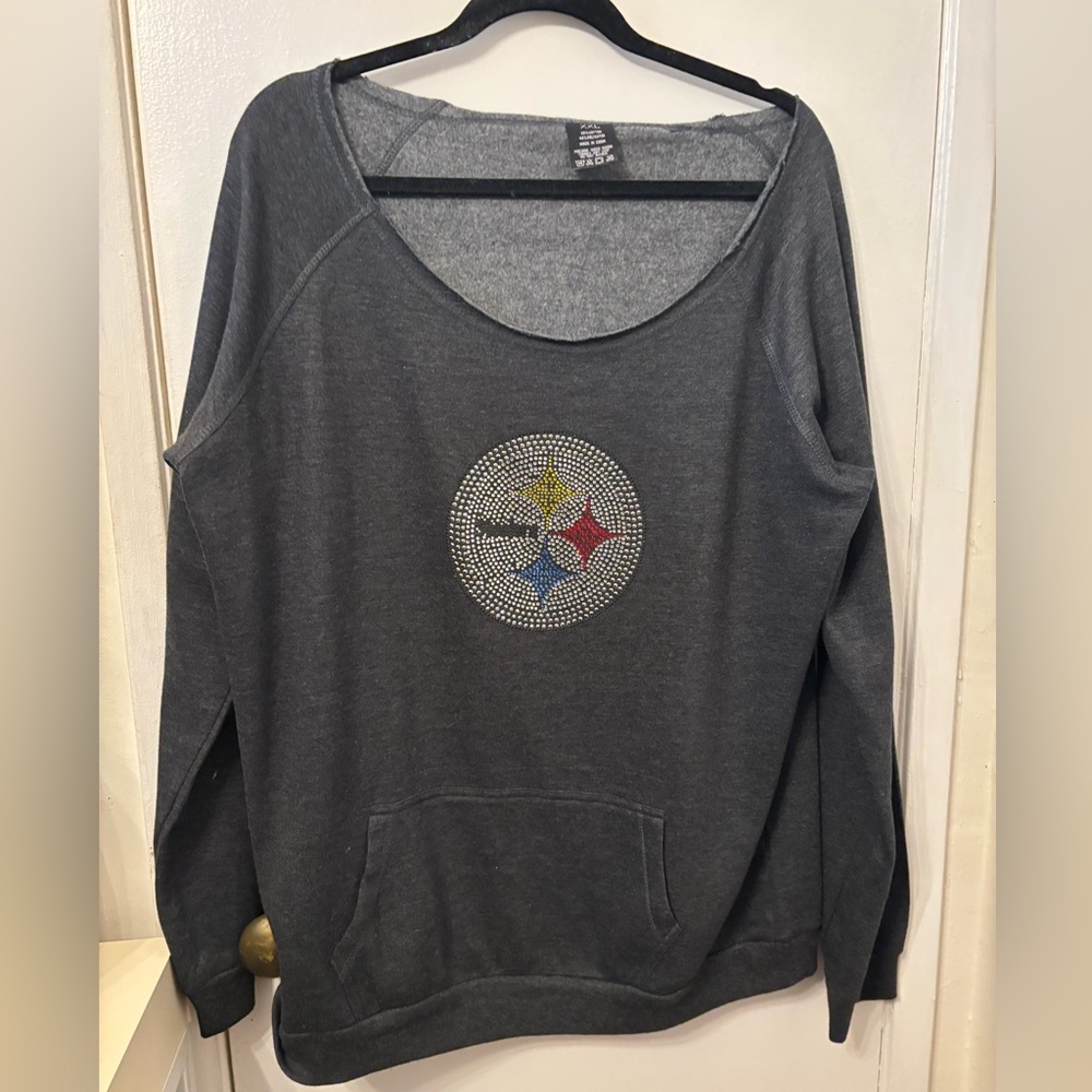 NEW NFL Official  Women's Steelers Charcoal Grey Graphic Fleece rhinestone logo
